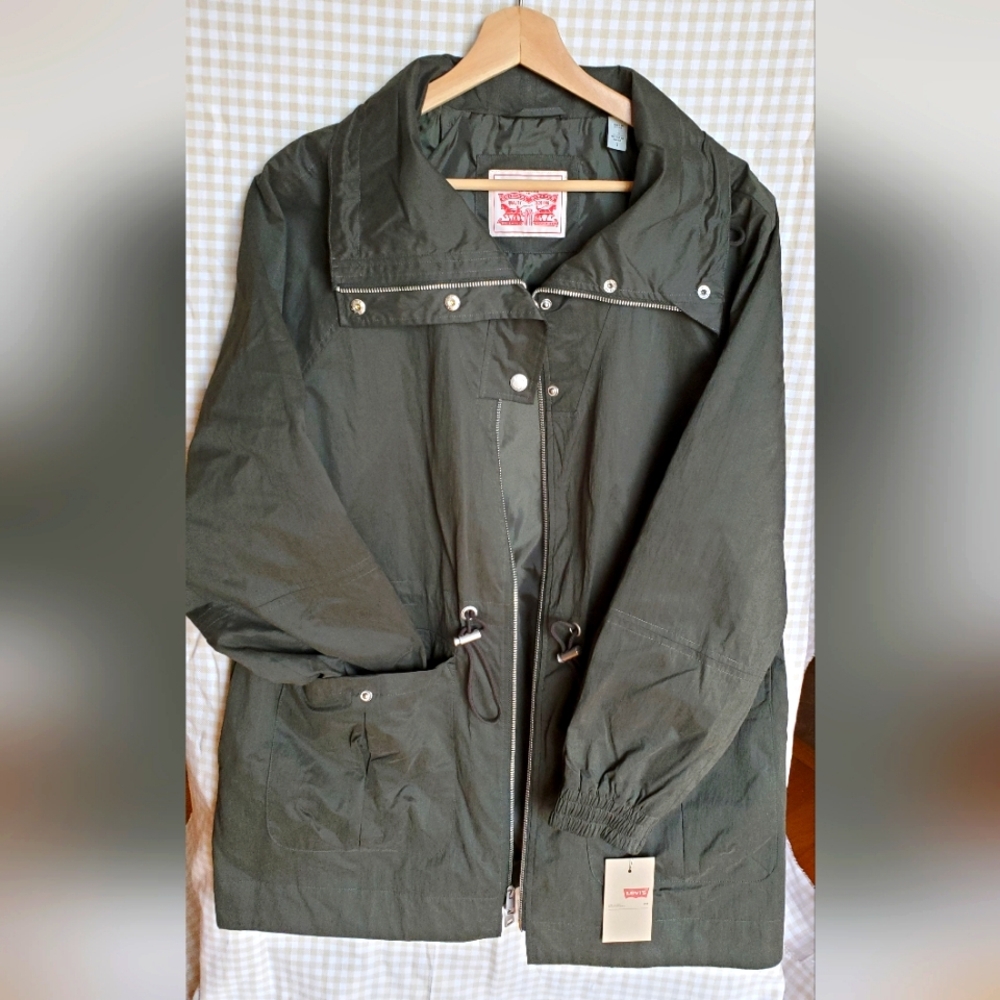 Levi's Cinch Waist Anorak Rain Jacket Army Green Full Zip Long Sleeve size L